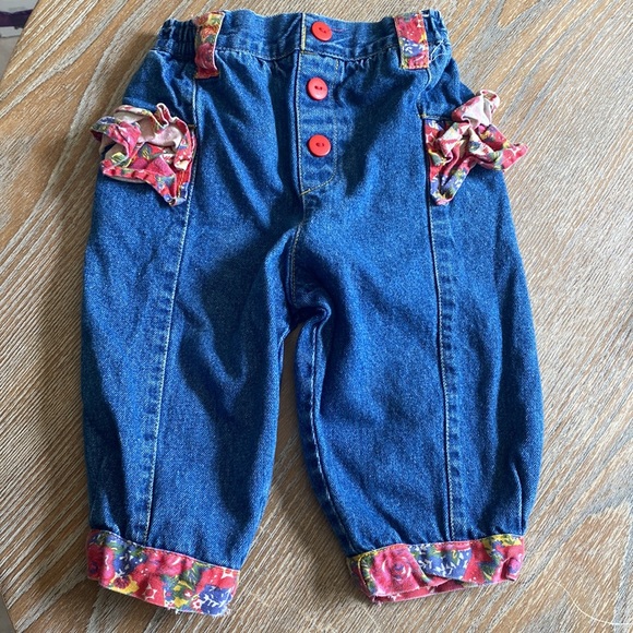 Vintage Other - Vintage denim pants jeans paper bag sz 12 months with floral ruffle details